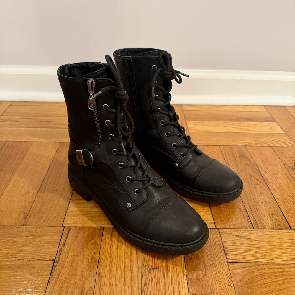 G by GUESS black zip up combat boots with silver hardware